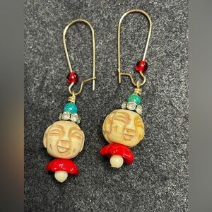 Cream Coloured hand carved Happy Face Vintage/Boho earrings …Quirky and Fun